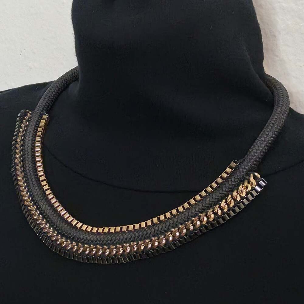 Chunky Black Braided Cord Collar Necklace with Metal Chain Zipper Accents - Picture 2 of 7